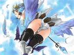  armor armored_dress ass bent_over blue_background boots crown dress elbow_gloves from_below gloves gwendolyn hat hekeniko odin_sphere panties polearm spear thigh_boots thighhighs underwear weapon white_hair white_panties wings 