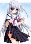  blush cinque_(nanoha) eyepatch grey_hair long_hair lyrical_nanoha mahou_shoujo_lyrical_nanoha_strikers numbers_(nanoha) school_uniform skirt skirt_lift solo yellow_eyes 