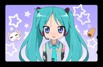  aqua_hair blue_eyes blush cat cathead chocolate_cornet cosplay detached_sleeves food hatsune_miku hatsune_miku_(cosplay) headphones headset hiiragi_kagami kaburagi_kanra long_hair lucky_star microphone necktie non-web_source nyamou solo twintails vocaloid 