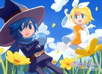  1girl blonde_hair blue_eyes blue_hair blue_scarf bug butterfly day flower glasses hair_ribbon hat insect kagamine_rin kaito outdoors ribbon scarf short_hair verus vocaloid witch_hat 