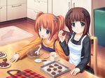  :d amami_haruka apron baking_sheet brown_hair chocolate chocolate_making cooking green_eyes hair_ribbon heart idolmaster idolmaster_(classic) idolmaster_1 kageira kitchen mixing_bowl multiple_girls open_mouth plaid plate red_hair ribbon smile spatula takatsuki_yayoi twintails 