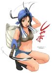  black_hair breasts cleavage denim denim_shorts dual_wielding gloves holding kama_(weapon) large_breasts midriff monster_hunter ryouzou shogun_ceanataur shorts sickle simple_background solo squatting towel yellow_eyes 