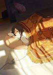  arm_pillow bangs black_hair brown_hair cable couch frills fringe_trim half-closed_eyes indoors kotatsu long_hair long_sleeves looking_at_viewer lying morifumi on_stomach original own_hands_together pillow solo swept_bangs table under_covers under_kotatsu under_table uneven_eyes window_shade wooden_floor 