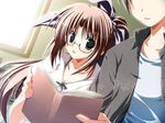  book game_cg glasses hair_ribbon korie_riko long_hair ponytail ribbon smile solo_focus terebi_no_kieta_hi wakana_mahiro 
