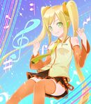  alternate_color ama_mitsuki arms_up bad_id bad_pixiv_id blonde_hair detached_sleeves green_eyes grin hatsune_miku highres long_hair musical_note necktie orange_legwear orange_sleeves skirt smile solo thighhighs twintails very_long_hair vocaloid 