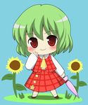  ascot bad_id bad_pixiv_id blue_background chibi closed_umbrella flower green_hair kazami_yuuka kyokutou_hentai_samurai plaid plaid_skirt plaid_vest red_eyes short_hair skirt skirt_set smile solo sunflower touhou umbrella vest 