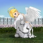  angel angel_wings blonde_hair blue_eyes breasts dondo halo highres huge_breasts original short_hair solo wings 