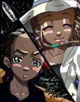  1girl black_hair blush brown_hair child closed_eyes couple dark_skin green_eyes hair_ornament hat hetero jazmine_dubois riley_freeman rocket smile space sun_hat the_boondocks 