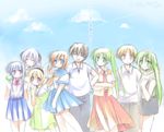  6+girls blonde_hair blue_eyes brown_hair everyone furude_rika green_eyes green_hair hairband half_updo hanyuu higurashi_no_naku_koro_ni houjou_satoko houjou_satoshi long_hair maebara_keiichi mizuki_toko multiple_boys multiple_girls ponytail purple_eyes purple_hair red_eyes ryuuguu_rena school_uniform serafuku short_hair siblings sisters sketch skirt sonozaki_mion sonozaki_shion twins 