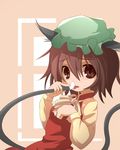  animal_ears brown_hair cat_ears cat_tail chen hat licking miko_machi red_eyes solo tail tongue touhou 