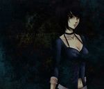  black_hair breasts choker cleavage copyright_name fatal_frame fatal_frame_3 jewelry kurosawa_rei large_breasts mole mole_under_eye monmon navel necklace solo 