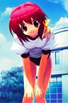  absurdres artist_request bent_over buruma copyright_request day gym_uniform hair_ribbon hands_on_own_knees highres pink_eyes red_hair ribbon short_hair sky smile solo tree 