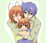  2girls antenna_hair bad_id bad_pixiv_id blue_eyes blue_hair blush brown_eyes brown_hair clannad closed_eyes family furukawa_nagisa hug husband_and_wife maruki_(punchiki) multiple_girls okazaki_tomoya okazaki_ushio short_hair 