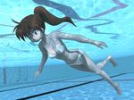  barefoot bikini brown_hair green_eyes long_hair masuki original ponytail pool solo swimming swimsuit underwater 