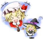  &gt;_&lt; bad_id bad_pixiv_id blonde_hair broom chibi closed_eyes flandre_scarlet hat kirisame_marisa kurohimemm lowres multiple_girls touhou wings witch witch_hat 