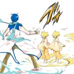  2boys barefoot blonde_hair blue_hair blue_scarf feet hashimochi kagamine_len kagamine_rin kaito multiple_boys scarf vocaloid 