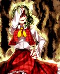  ascot breasts covering_one_eye crazy evil_smile green_hair hand_in_hair hand_on_hip kazami_yuuka kazetto medium_breasts plaid plaid_skirt plaid_vest red_eyes shaded_face short_hair skirt skirt_set slit_pupils smile solo touhou vest 