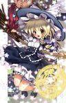  blonde_hair bloomers blush bow braid broom capelet embellished_costume frills hair_bow hat katahira_masashi kirisame_marisa lace magic_circle open_mouth side_braid smile solo star touhou underwear witch_hat yellow_eyes 