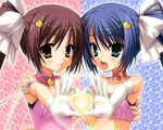  artist_request blue_hair brown_hair copyright_request elbow_gloves gloves hair_ribbon heart heart_hands heart_hands_duo multiple_girls ponytail ribbon symmetrical_hand_pose symmetry 