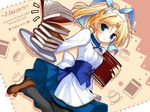  always artist_request blonde_hair blue_eyes book cross hair_ribbon iriya_shiho pantyhose ribbon solo tray waitress 