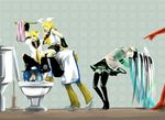  2girls aqua_hair bad_id bad_pixiv_id blonde_hair blue_eyes blue_hair detached_sleeves hashimochi hatsune_miku kagamine_len kagamine_rin kaito multiple_boys multiple_girls necktie ribbon short_hair skirt star thighhighs toilet twintails vocaloid 