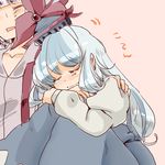  arm_around_shoulder blue_hair bow closed_eyes fujiwara_no_mokou hair_bow hand_on_shoulder hat kamishirasawa_keine komaku_juushoku long_hair multiple_girls ribbon silver_hair sleeping smile suspenders touhou 