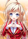  :d ahoge arui_ryou blazer blonde_hair blue_eyes breasts chocolat_(noucome) hands_clasped jacket large_breasts long_hair long_sleeves looking_at_viewer open_mouth ore_no_nounai_sentakushi_ga_gakuen_love-comedy_wo_zenryoku_de_jama_shiteiru own_hands_together plaid plaid_skirt school_uniform skirt smile solo 