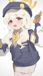  1girl aoba_(blue_archive) armband blonde_hair blue_archive blue_jacket blush bow bowtie brown_gloves collared_shirt cowboy_shot gloves hair_ornament hair_over_shoulder hairclip halo hat highres holding holding_wrench jacket long_hair long_sleeves looking_at_viewer low_twintails monemasu motion_blur open_mouth red_eyes shirt simple_background skirt solo sweat twintails white_background white_shirt wrench yellow_bow yellow_bowtie 