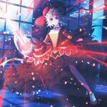  1girl 2024 absurdres alternate_costume artist_name blonde_hair breasts clarent_(fate) cleavage commentary dated dress fang fate_(series) full_body green_eyes hat highres holding holding_sword holding_weapon indoors jewelry looking_at_viewer mordred_(fate) necklace night open_mouth red_dress red_hat renia_(xxx_wg_869) short_hair solo sword twitter_username weapon window 