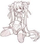  highres long_hair looking_at_viewer monochrome sakuya_tsuitachi simple_background sitting sketch solo thighhighs twintails very_long_hair wariza white_background 