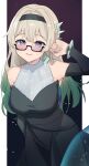  1girl absurdres black-framed_eyewear black_dress black_hairband breasts cowboy_shot detached_sleeves dress erushira firefly_(honkai:_star_rail) firefly_(on_the_journey)_(honkai:_star_rail) glasses gradient_hair green_hair grey_hair hairband highres honkai:_star_rail honkai_(series) large_breasts long_hair long_sleeves looking_at_viewer multicolored_hair official_alternate_costume purple_eyes sleeveless sleeveless_turtleneck smile solo standing strapless strapless_dress turtleneck very_long_hair 