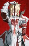  1girl absurdres armor blonde_hair braid chinese_commentary clarent_(fate) closed_eyes commentary curtained_hair fate/apocrypha fate_(series) gauntlets highres knee_up kneeling mordred_(fate) mordred_(fate/apocrypha) parted_bangs red_background signature silver_armor solo spiked_armor straight-on yisjhui 