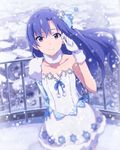  artist_request asymmetrical_clothes blue_hair blurry brown_eyes collar depth_of_field dress gloves hair_ornament idolmaster idolmaster_(classic) idolmaster_million_live! kisaragi_chihaya long_hair looking_at_viewer official_art railing smile snow snowflake_hair_ornament solo strapless strapless_dress white_dress white_gloves 