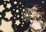  1girl apron back_bow black_hat black_vest blonde_hair blue_eyes bow braid broom broom_riding capelet chinese_commentary commentary_request danmaku embellished_costume green_bow hair_bow hat hat_bow kirisame_marisa long_hair magic open_mouth side_braid single_braid solo star_(symbol) touhou vest waist_apron white_bow white_capelet witch_hat wrist_cuffs yiran_kuxiao 