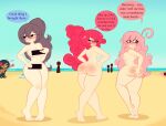  4girls ahoge ass ass_blush back bar_censor barefoot beach black_hair blue_sky blush breasts calumba_(dexter&#039;s_laboratory) casual censored colored_speech_bubble completely_nude covering_ass covering_breasts covering_privates dark-skinned_female dark_skin dexter&#039;s_laboratory embarrassed exhibitionism feet flower from_behind full_body hair_flower hair_ornament harmony_valentine_(limbros) heart highres holding liddell_(limbros) limbros long_hair looking_back melody_valentine_(limbros) multiple_girls nipples notice_lines nude nude_beach nudist original pink_hair posing public_indecency public_nudity red_eyes red_hair sand shiny_skin simple_background sky smile soles solo speech_bubble toes waving 