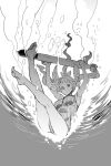  1girl :t air_bubble arms_up barefoot breasts bubble greyscale hair_ribbon highres holding holding_torpedo i-19_(kancolle) kantai_collection long_hair looking_at_viewer monochrome niku-name one-piece_swimsuit ribbon solo swimsuit torpedo tri_tails underwater water 