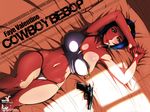  bed blue_hair blush bra cigarette cleavage cowboy_bebop faye_valentine green_eyes gun panties underwear watermark weapon 