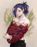  1boy bare_shoulders blue_hair fire_emblem fire_emblem_engage folded_ponytail highres kagetsu_(fire_emblem) long_hair male_focus max_art149 smile solo undressing 