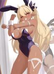  1boy 2girls aether_(genshin_impact) ahoge animal_ear_hairband animal_ears ass black_hairband black_leotard blonde_hair blue_leotard blush brass_knuckles breasts cleavage commentary covered_navel damilola_(mockingeu) dark-skinned_female dark_skin earrings english_commentary facial_mark fake_animal_ears fake_tail fishnet_pantyhose fishnets genshin_impact gloves grin hair_between_eyes hairband highleg highleg_leotard highres jewelry large_breasts leotard long_hair looking_at_viewer mockingeu multiple_girls original pantyhose playboy_bunny pointy_ears rabbit_ears rabbit_tail sideboob single_earring smile solo_focus strapless strapless_leotard tail very_long_hair weapon white_gloves white_wrist_cuffs wrist_cuffs yellow_eyes 