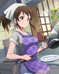  apron blue_eyes brown_hair cooking idolmaster idolmaster_million_live! official_art plate ponytail pot satake_minako solo 