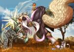 2025 anthro arcanine arkveld canid canine capcom clothed clothing digital_media_(artwork) felid felyne generation_1_pokemon great_sword_(monster_hunter) group hi_res likeablemouse lomethoron low-angle_view lynian macro male mammal melee_weapon monster monster_hunter nintendo outside palico pokemon pokemon_(species) sword tempo_arcanine weapon