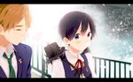  1girl black_hair blue_eyes blush brown_hair closed_eyes highres instrument_case kitashirakawa_tamako long_hair low_twintails momose_(oqo) ooji_mochizou railing school_uniform short_hair tamako_market twintails 