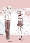  1boy 1girl :d artist_name artist_request bleach inoue_orihime kurosaki_ichigo long_hair neko_(a_la_fraise) open_mouth skirt smile standing thighhighs 