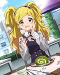  artist_request blonde_hair blush chopsticks dutch_angle eating emily_stewart food hairband hand_on_own_face idolmaster idolmaster_million_live! long_hair official_art purple_eyes solo star twintails 