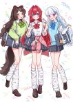  3girls 3znk :d absurdres alternate_costume ange_katrina animal_ears bag banken_(inui_toko) blue_bow blue_bowtie blue_eyes blue_hair blue_nails blue_sweater_vest blunt_bangs blush bow bowtie breasts brown_hair brown_shoes brown_tail cellphone charm_(object) clothes_around_waist collared_shirt color-coded colored_inner_hair commentary_request crossed_bangs dog_ears dog_girl dog_tail fang flask flip_phone full_body green_bow green_bowtie green_nails green_sweater grey_bag grey_skirt grin gyaru hair_between_eyes hair_intakes hair_ornament hairpin hand_to_own_mouth heterochromia highres holding holding_phone inui_toko kneehighs kogal lips lize_helesta loafers long_hair long_sleeves looking_at_viewer loose_socks mandragora_(ange_katrina) matching_outfits medium_breasts miniskirt multicolored_hair multiple_girls multiple_hairpins nail_polish nijisanji open_mouth phone pink_sweater plaid_clothes plaid_skirt pleated_skirt purple_eyes raised_eyebrows red_bow red_bowtie red_eyes red_hair red_nails round-bottom_flask sanbaka_(nijisanji) sebastian_piyodore shirt shoes shoulder_bag side-by-side skirt small_breasts smile socks standing standing_on_one_leg star_(symbol) star_hair_ornament streaked_hair sweater sweater_around_waist sweater_vest tail two-tone_hair very_long_hair virtual_youtuber white_background white_hair white_shirt white_socks yellow_eyes 