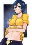  after_war_gundam_x blue_eyes blue_hair breasts collarbone gundam large_breasts looking_at_viewer nerotarou@seven panties paula_cis shirt_lift short_hair smile solo unbuttoned underwear yellow_panties 