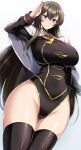  1girl blush breasts brown_hair commentary gold_trim gundam highleg highleg_leotard highres kumakichi_(cost-lost) large_breasts leotard long_hair long_sleeves looking_at_viewer maria_owens purple_eyes salute sd_gundam smile solo thighs 