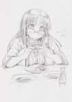  blush breasts dated fat food glasses huge_breasts kobayakawa_horan long_hair monochrome nekokami open_mouth original plate plump sketch solo sweater 