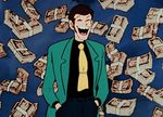  70s animated animated_gif arsene_lupin_iii jacket laughing lupin_iii male male_focus money monkey_punch oldschool sideburns tie 
