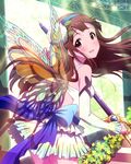  blush bow bridal_gauntlets brown_eyes brown_hair fairy_wings hairband idolmaster idolmaster_million_live! long_hair looking_back official_art over_shoulder skirt stage stage_lights sword tanaka_kotoha weapon wings 